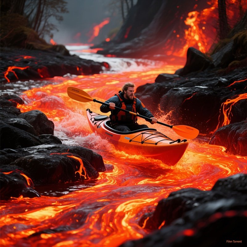 A Kayaker Battling A Raging Lava River Digital Art
