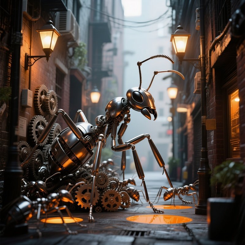 A Kinetic Metal Ant Colony Sculpted Into An Urban Alleyway, Tiny Gears Moving, Street Lamps Casting
