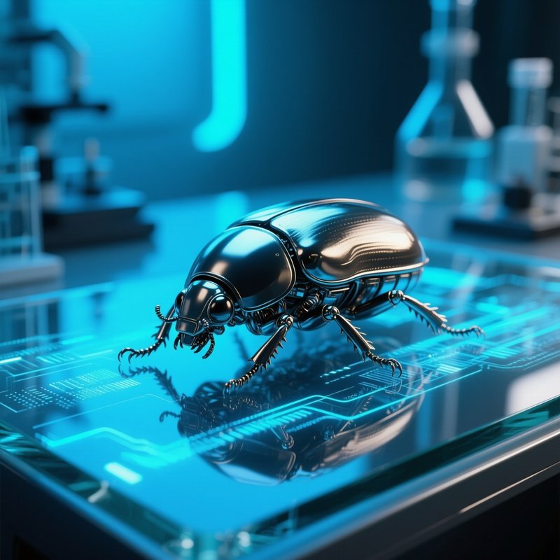 A Kinetic Metal Beetle Crawling Over A Glass Surface In A Futuristic Lab, Holographic Data Streams