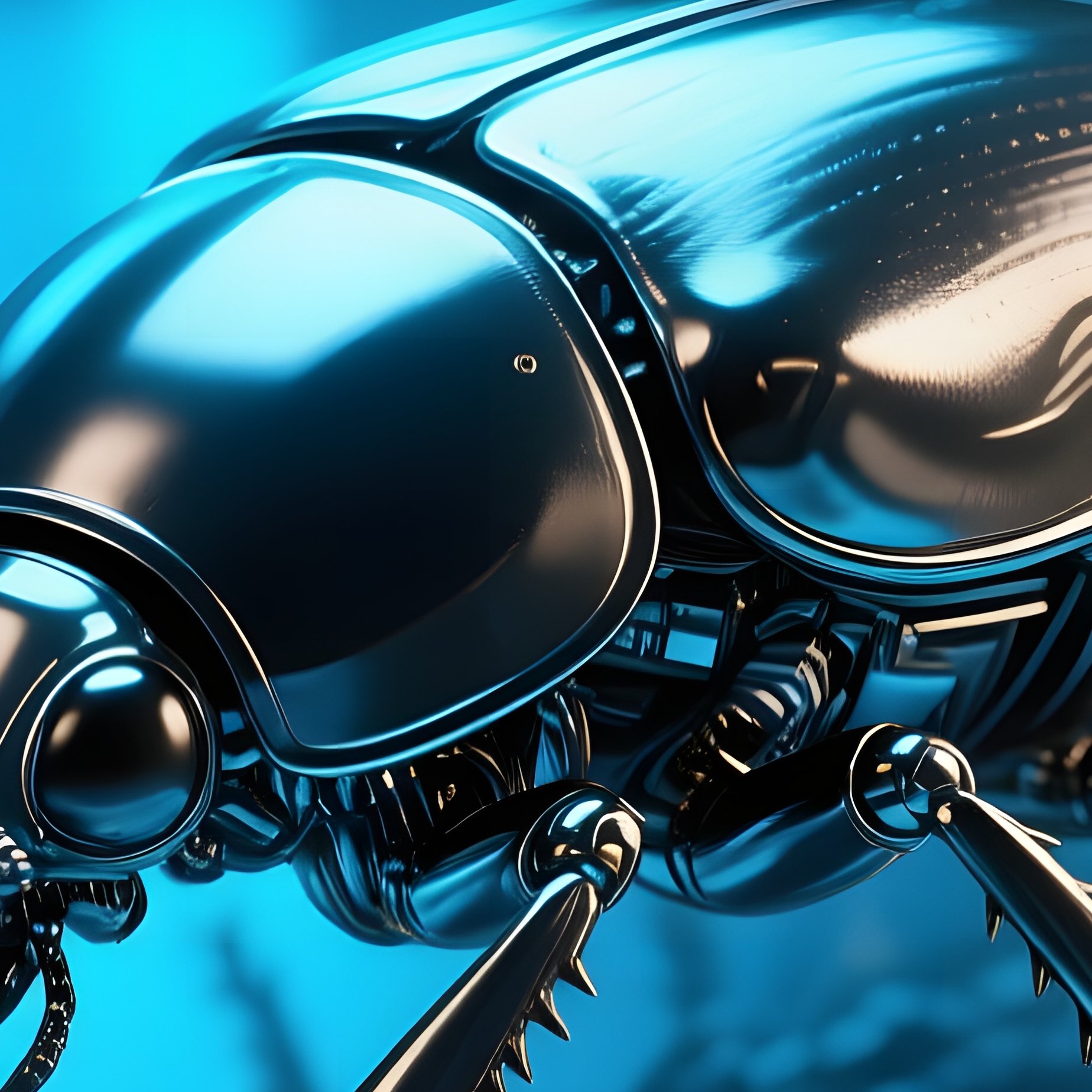 A Kinetic Metal Beetle Crawling Over A Glass Surface In A Futuristic Lab, Holographic Data Streams - Full Resolution Quality Preview