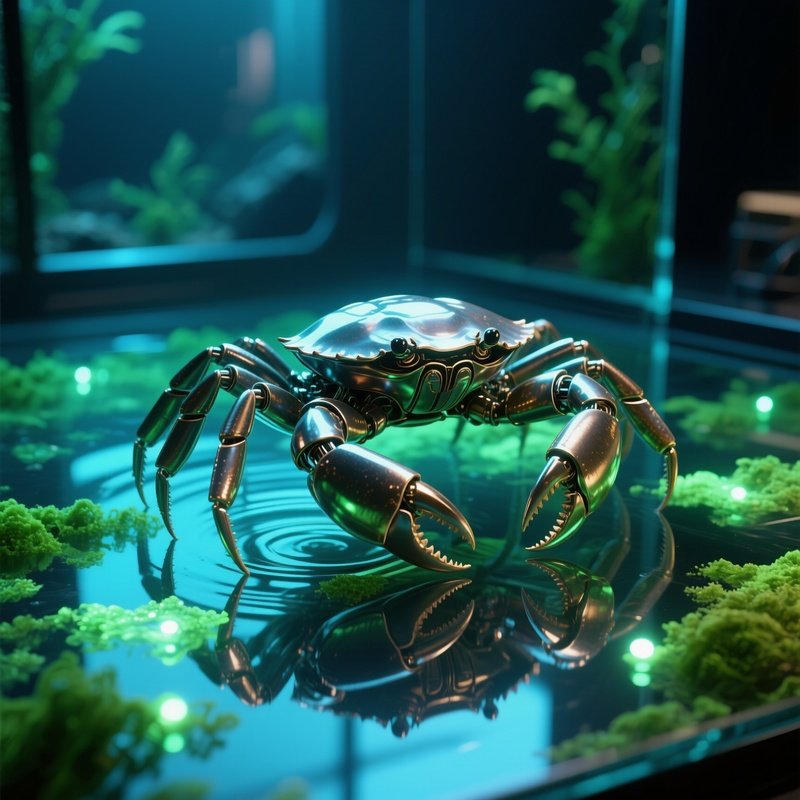 A Kinetic Metal Crab Scuttling Across A Glass Aquarium Floor Illuminated By Bioluminescent Algae,