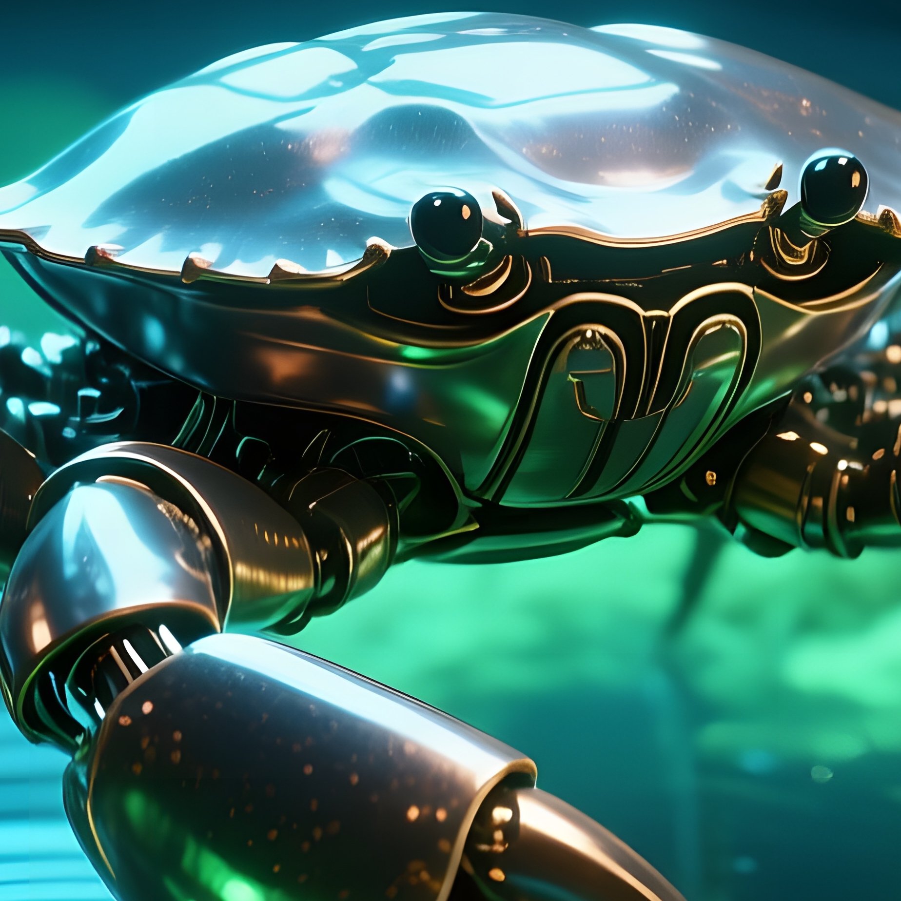 A Kinetic Metal Crab Scuttling Across A Glass Aquarium Floor Illuminated By Bioluminescent Algae, - Full Resolution Quality Preview