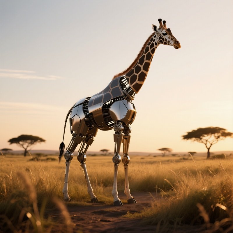 A Kinetic Metal Giraffe With Rotating Segments Standing On A Savanna Plain At Golden Hour, Long