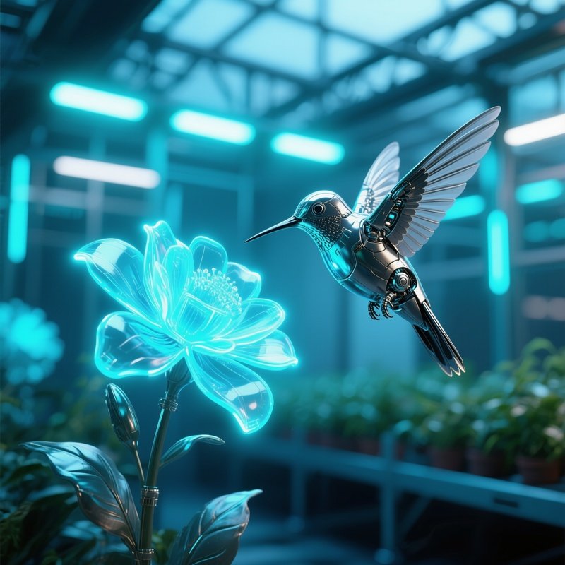A Kinetic Metal Hummingbird Hovering Near A Holographic Flower In A High‑Tech Greenhouse, Pulsing
