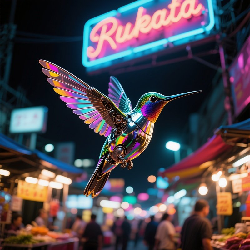 A Kinetic Metal Hummingbird With Rotating Wings Hovering Above A Neon Sign In A Bustling Night