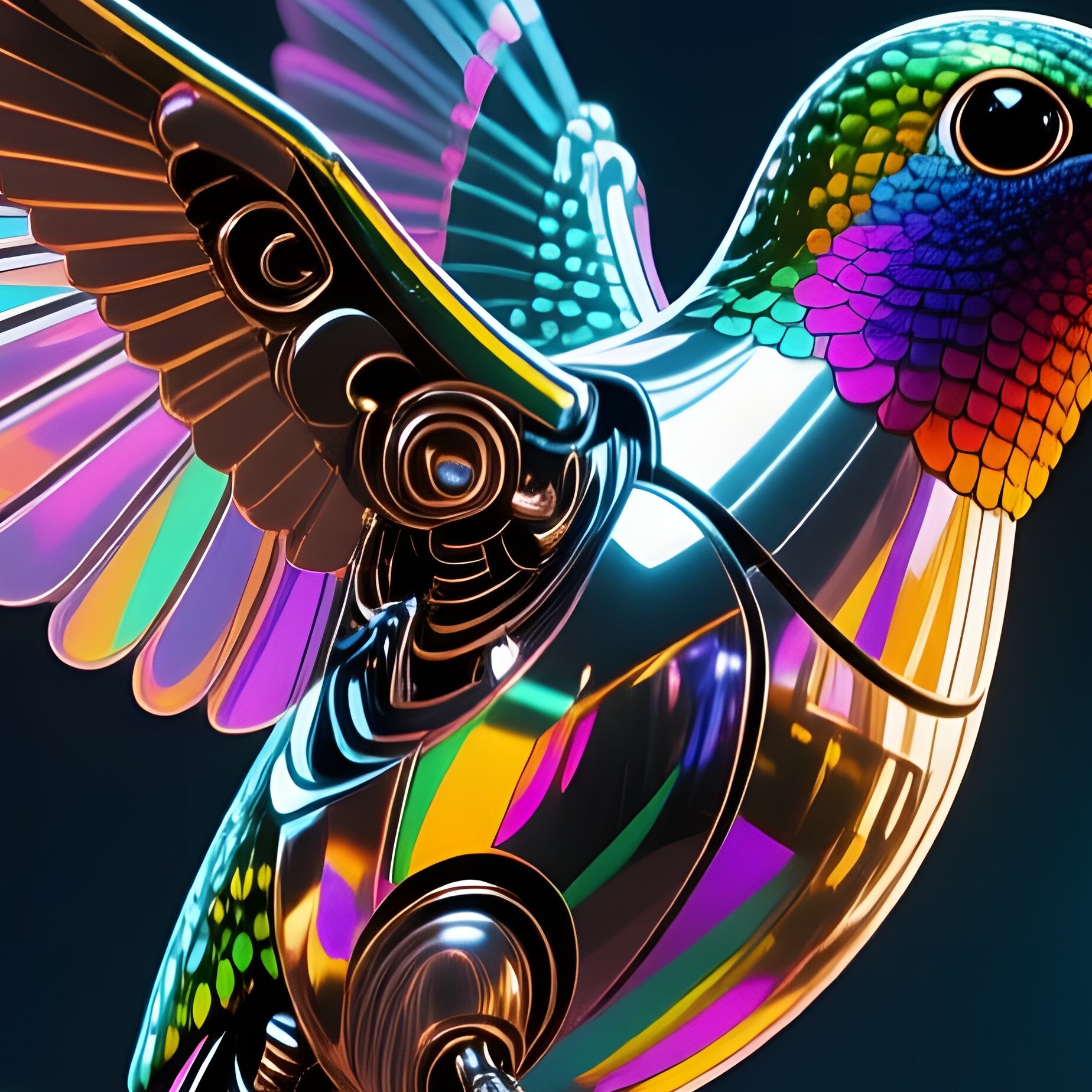 A Kinetic Metal Hummingbird With Rotating Wings Hovering Above A Neon Sign In A Bustling Night - Full Resolution Quality Preview