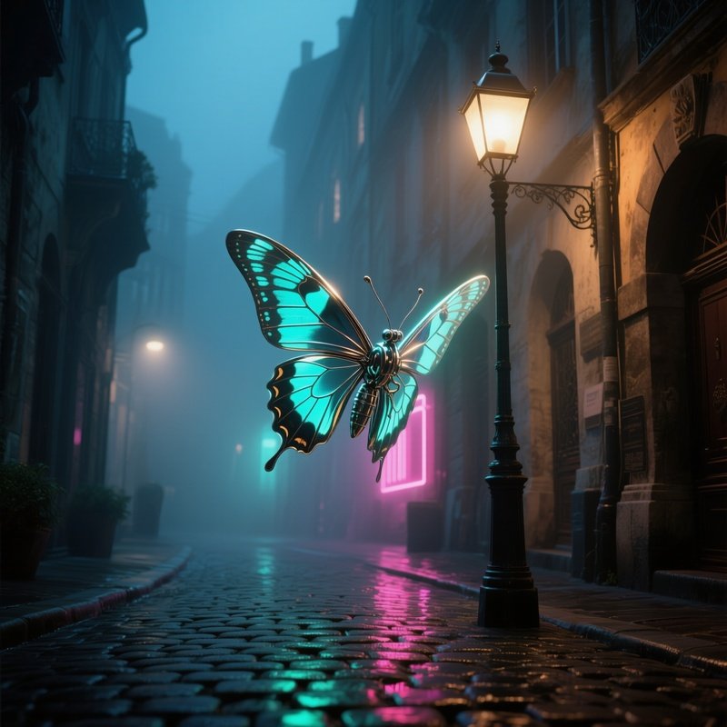 A Kinetic Metal Moth With Luminescent Wings Fluttering Around A Streetlamp At Night In A Foggy