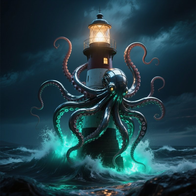 A Kinetic Metal Octopus Wrapping Its Tentacles Around A Lighthouse Lantern At Night, Storm Waves