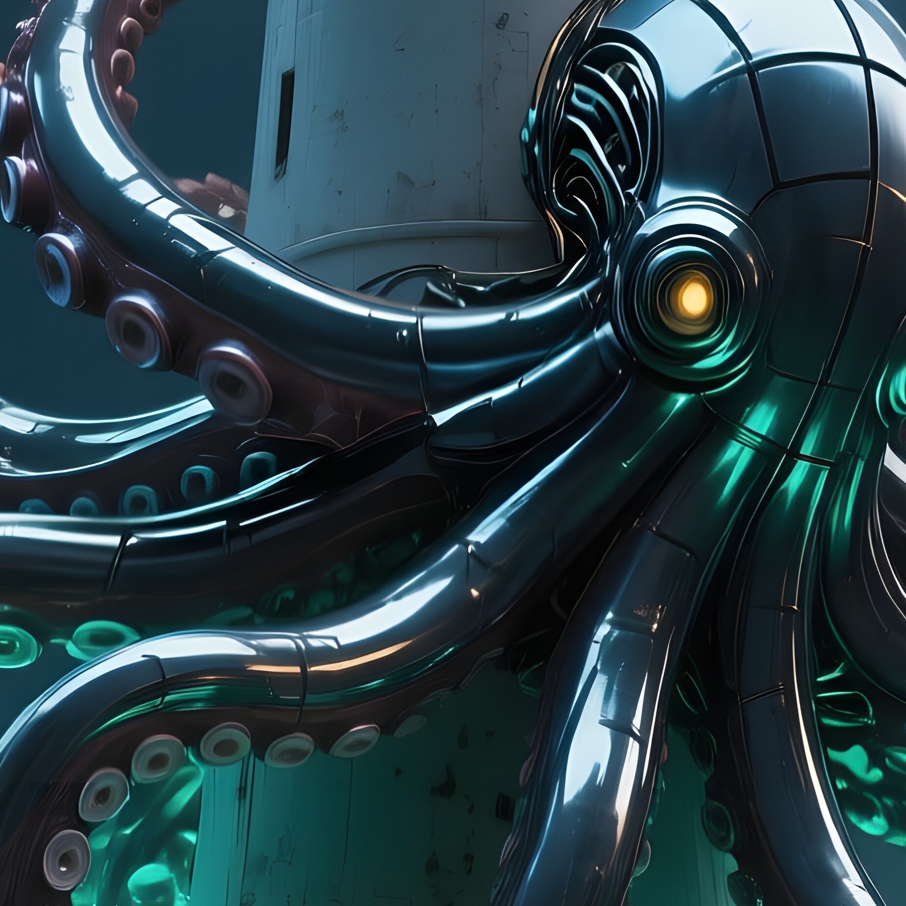 A Kinetic Metal Octopus Wrapping Its Tentacles Around A Lighthouse Lantern At Night, Storm Waves - Full Resolution Quality Preview