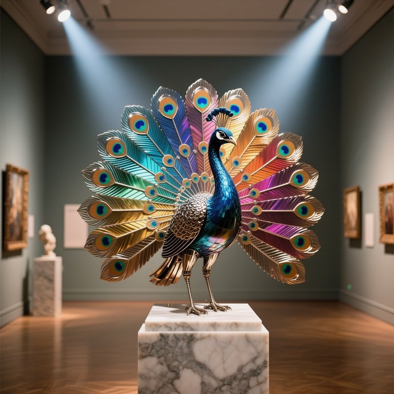 A Kinetic Metal Peacock With Rotating Feather Panels Perched On A Marble Pedestal In A Museum Hall,