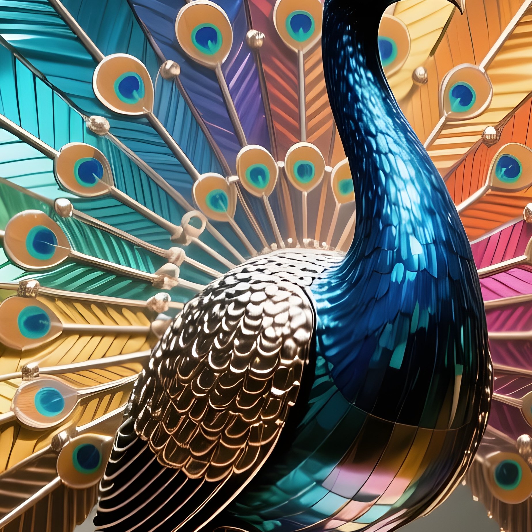 A Kinetic Metal Peacock With Rotating Feather Panels Perched On A Marble Pedestal In A Museum Hall, - Full Resolution Quality Preview