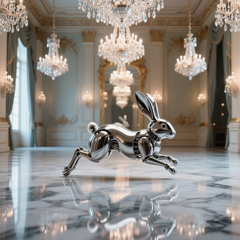 A Kinetic Metal Rabbit Hopping Across A Polished Marble Floor In An Opulent Ballroom Under Crystal
