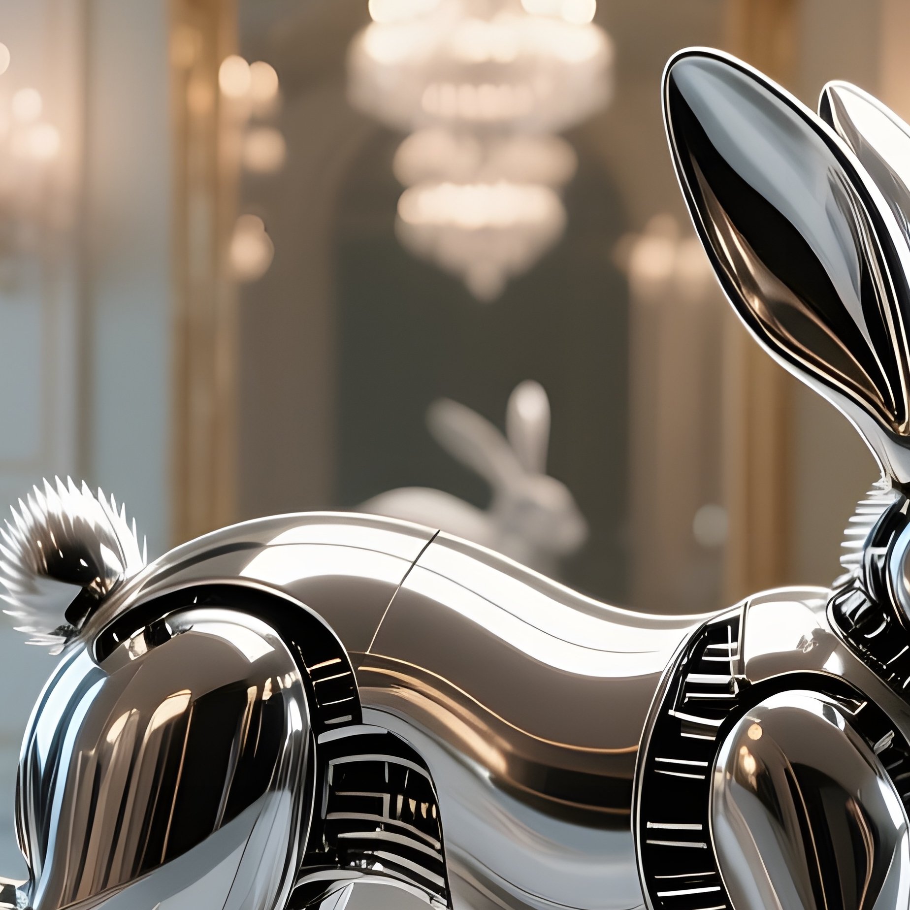 A Kinetic Metal Rabbit Hopping Across A Polished Marble Floor In An Opulent Ballroom Under Crystal - Full Resolution Quality Preview