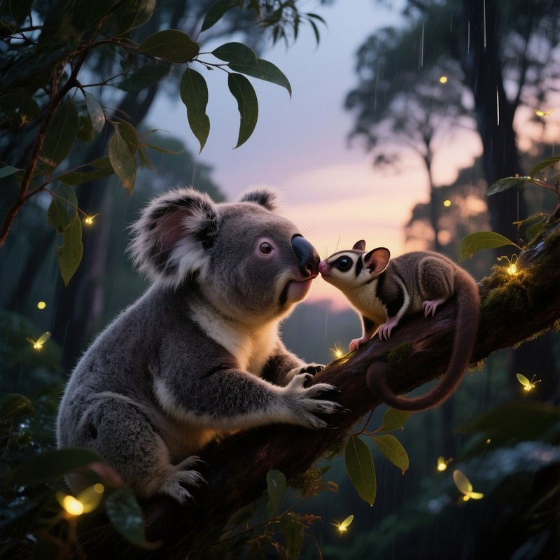 A Koala Clinging To Eucalyptus Leaves Meets A Sugar Glider For A Fleeting Kiss In The Canopy Of An