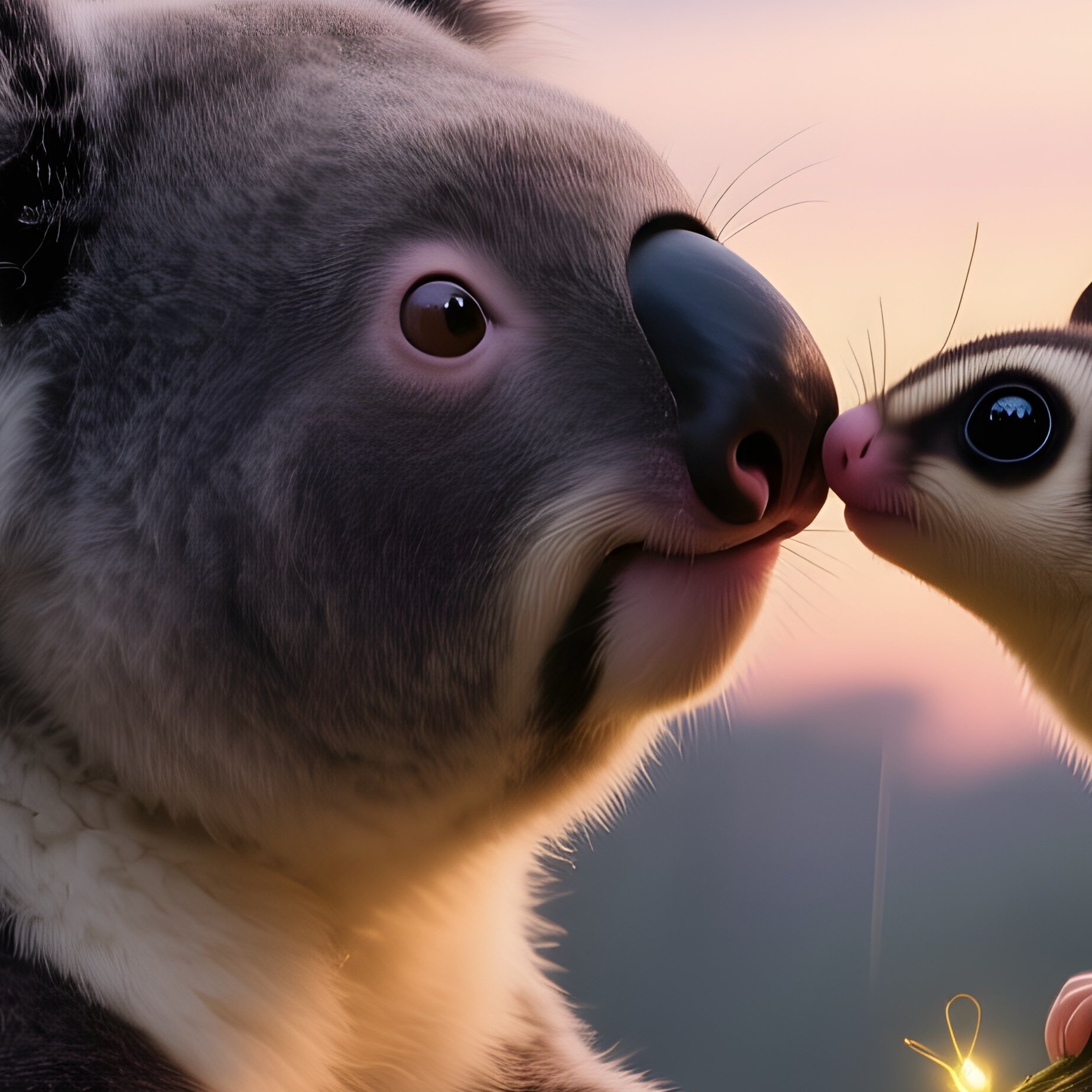 A Koala Clinging To Eucalyptus Leaves Meets A Sugar Glider For A Fleeting Kiss In The Canopy Of An - Full Resolution Quality Preview