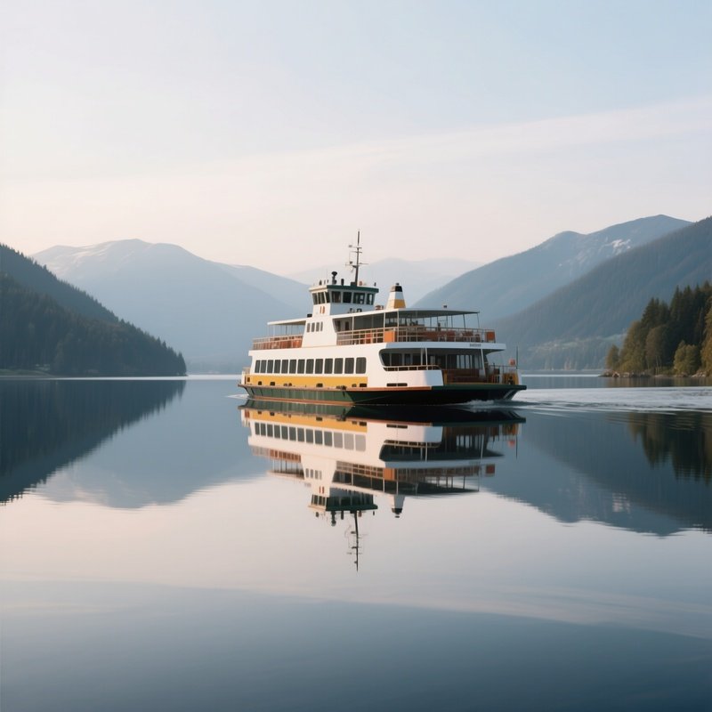 A Lake Ferry Moving Quietly Across A Mirror Like Surface