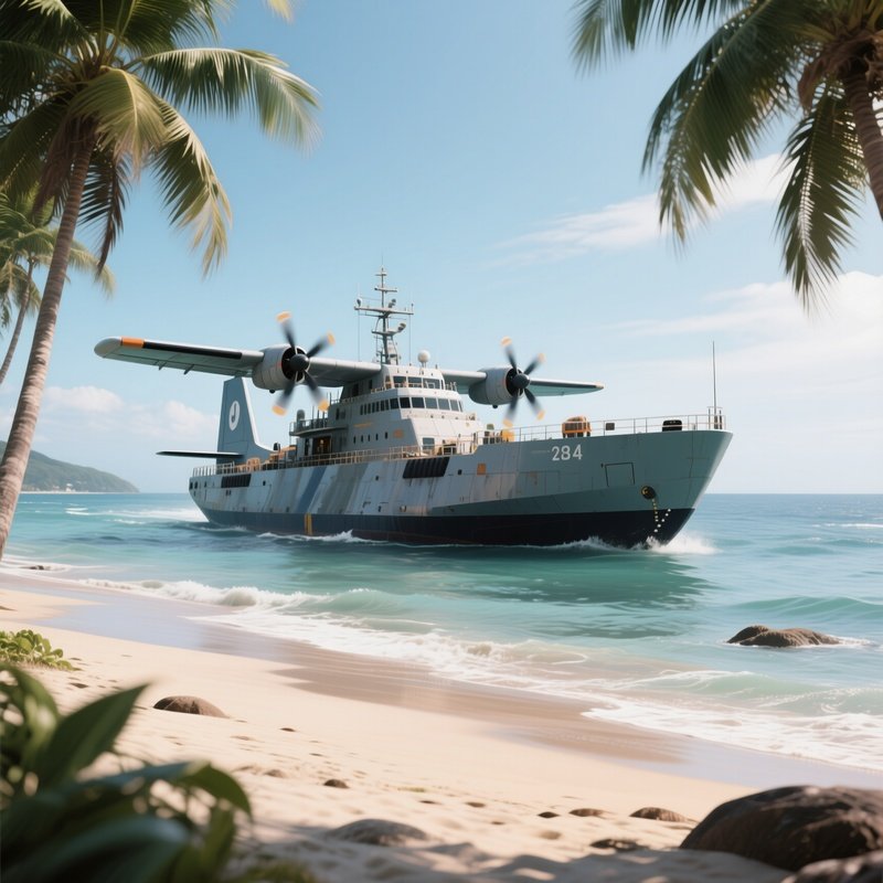 A Landing Craft Drifting Near A Tropical Beach