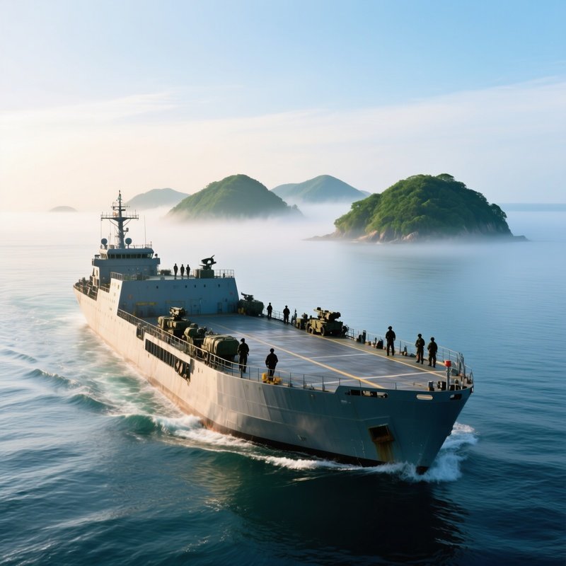 A Landing Ship Sailing Toward Distant Islands