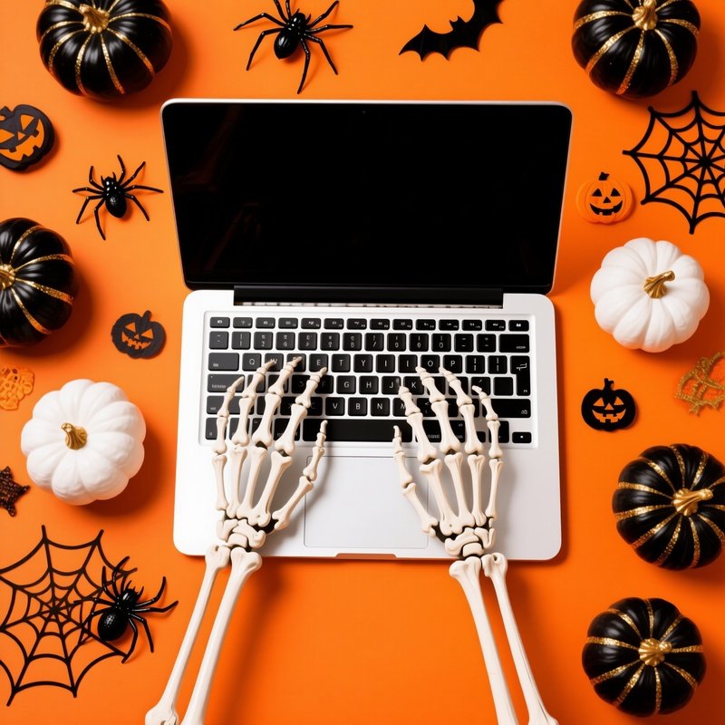 A Laptop Surrounded By Halloween Themed Decorations Halloween