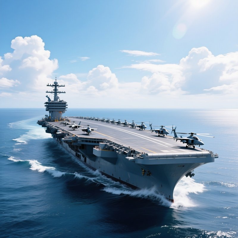 A Large Aircraft Carrier Sailing Under Partly Cloudy Skies