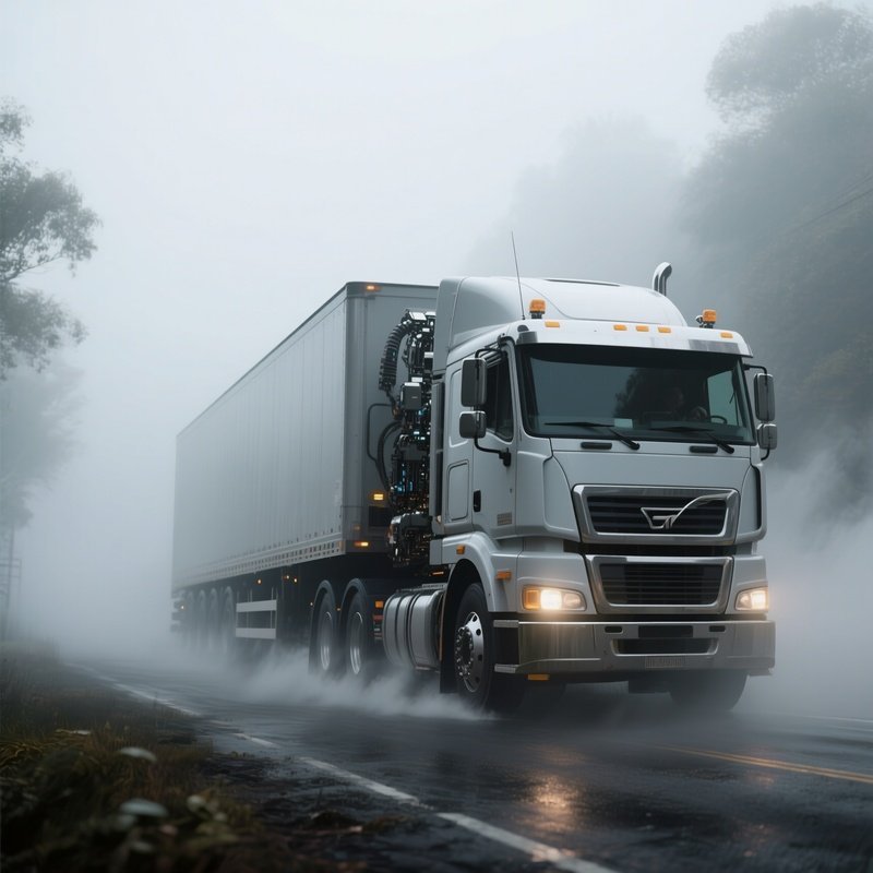 A Large Articulated Truck Navigating Through A Dense Fog Bank