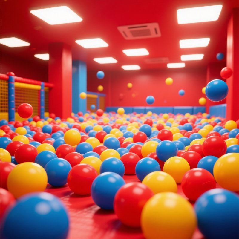 A Large Ball Pit Filled With Red Blue And Yellow Balls Under Bright Lights