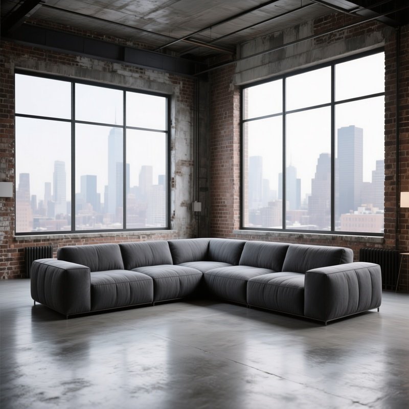 A Large, Charcoal Grey Modular Sectional Sofa Arranged In An Open Concept Industrial Loft With Exposed Brick Walls, Polished Concrete Floors, And Massive Floor To Ceiling Windows Showing A City View.