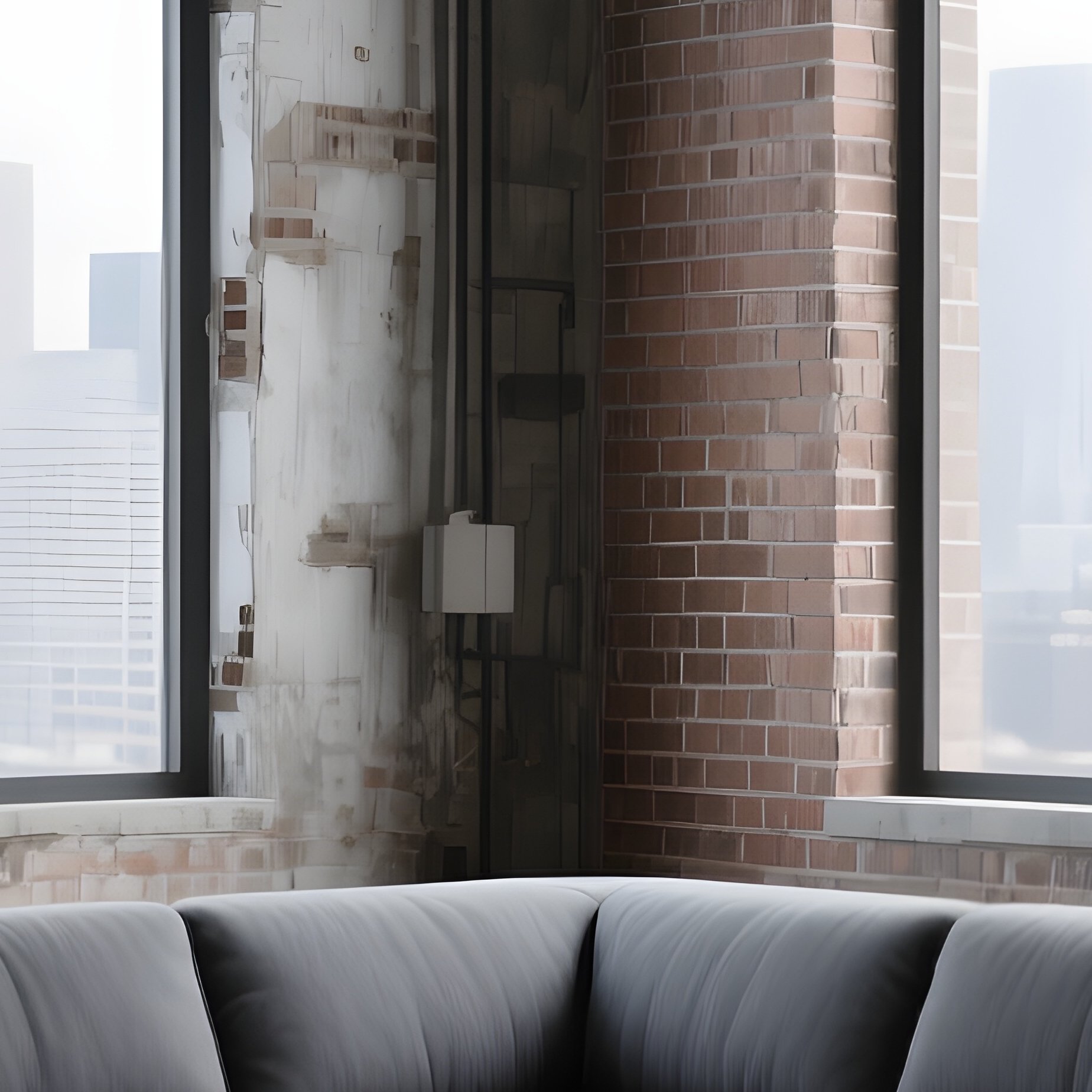 A Large, Charcoal Grey Modular Sectional Sofa Arranged In An Open Concept Industrial Loft With Exposed Brick Walls, Polished Concrete Floors, And Massive Floor To Ceiling Windows Showing A City View. - Full Resolution Quality Preview