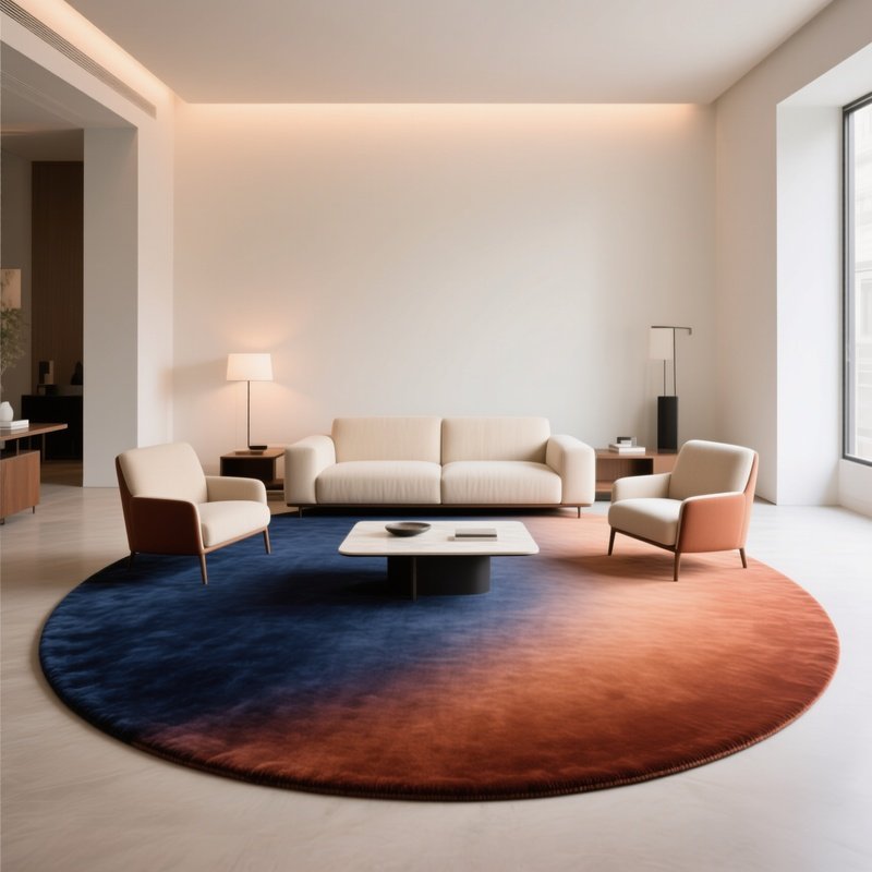 A Large Circular Rug With Gradient Color Pattern Anchoring A Furniture Arrangement