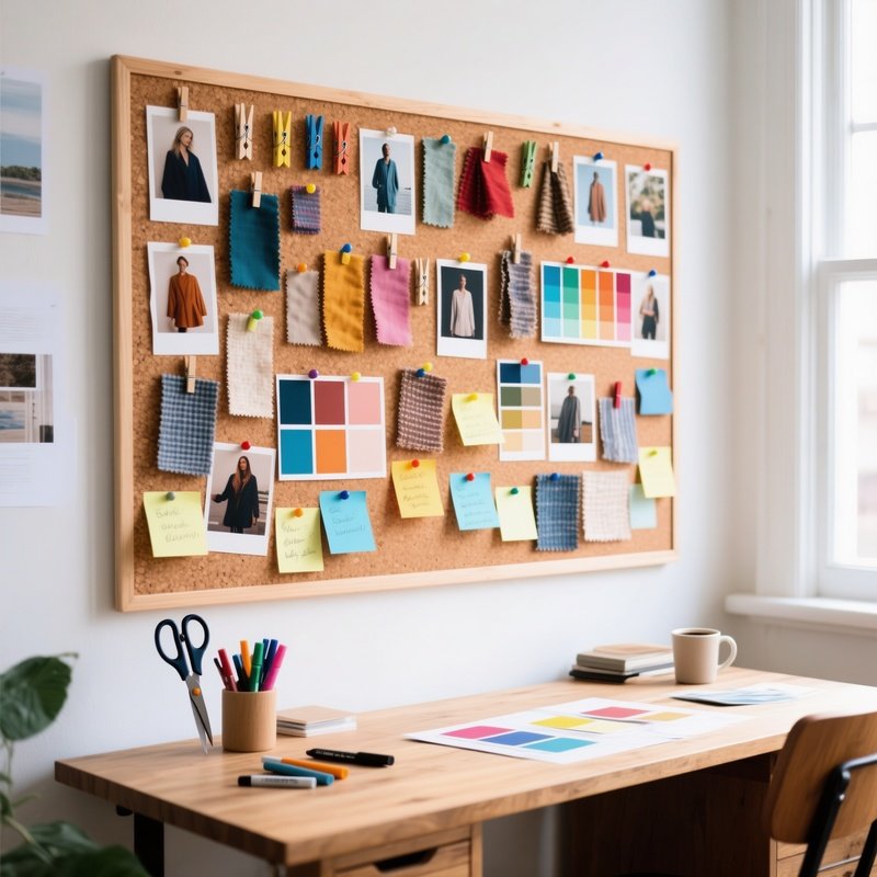 A Large Cork Pinboard Mounted Above A Desk Filled With Inspirational Mood Board Photos Fabric Swatches Color Palettes And Sticky Notes