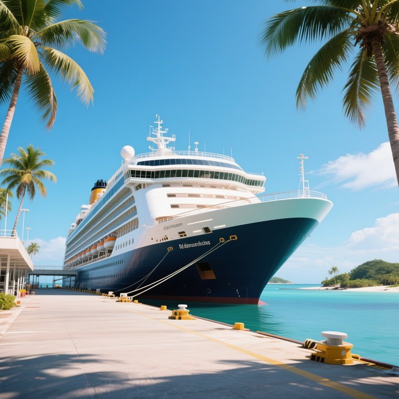 A Large Cruise Ship Docking At A Tropical Island Terminal Under Clear Skies