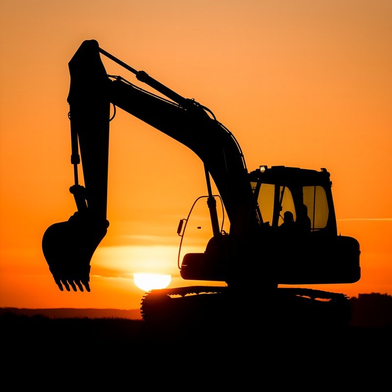 A Large Excavator Silhouetted By Setting Sun