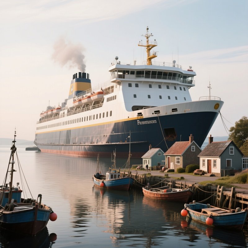 A Large Ferry Anchored Near A Small Fishing Village