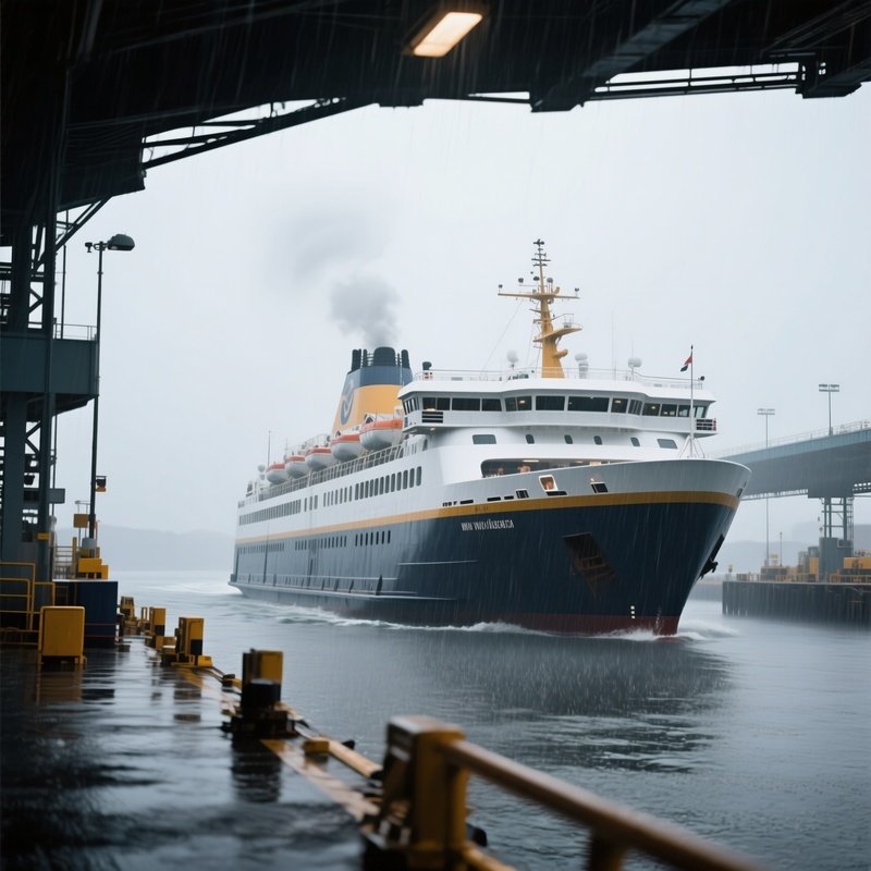 A Large Ferry Approaching A Terminal In Light Drizzle