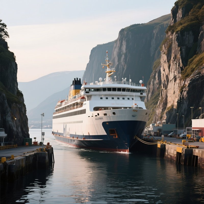 A Large Ferry Entering A Harbor Surrounded By Cliffs