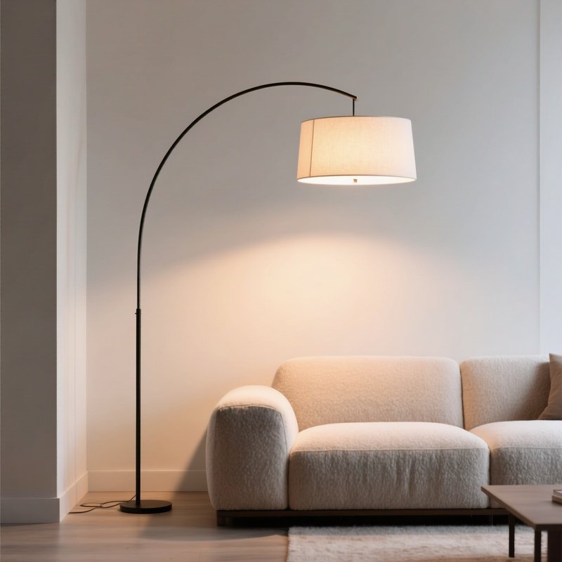A Large Floor Lamp With An Arc Extending Over A Sofa Section