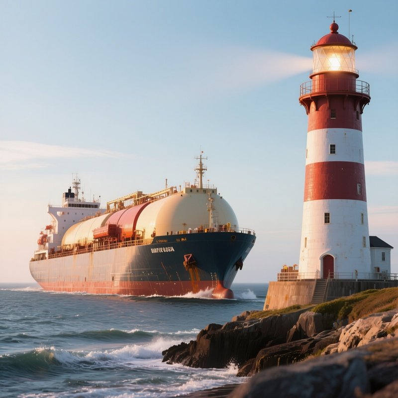 A Large Lng Tanker Passing A Bright Coastal Lighthouse