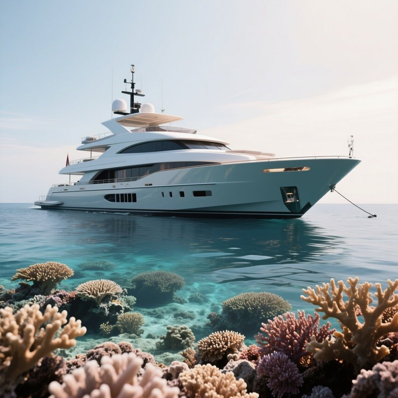 A Large Luxury Yacht Anchored Beside A Coral Reef