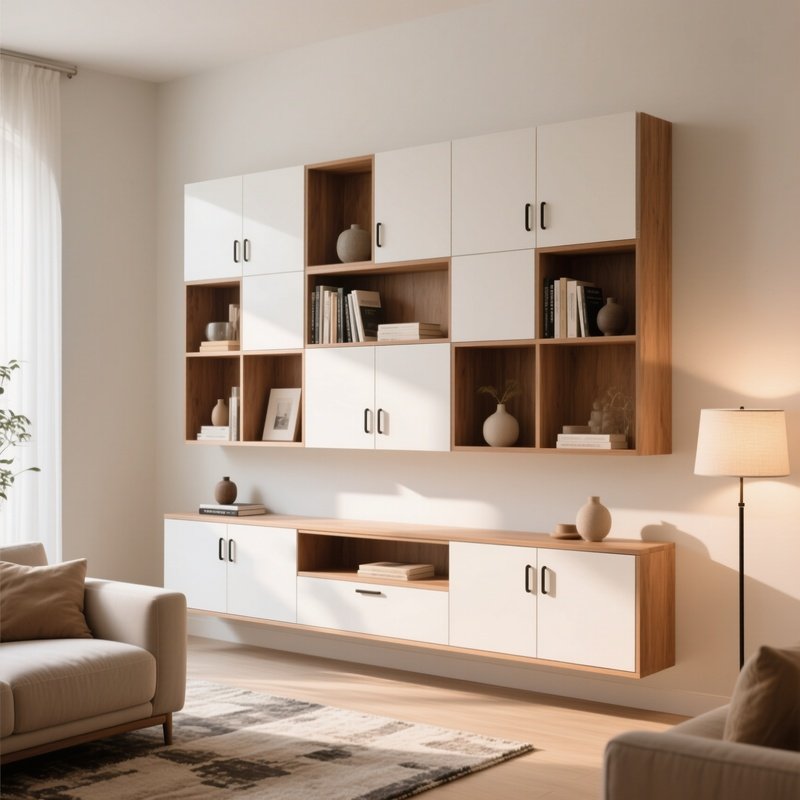 A Large Modular Wall Unit In A Living Room Combining Open Shelves And Closed Cabinets