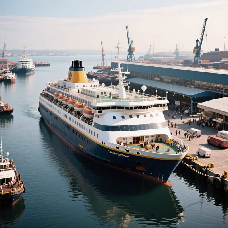 A Large Passenger Ferry Docking At A Busy Harbor Terminal
