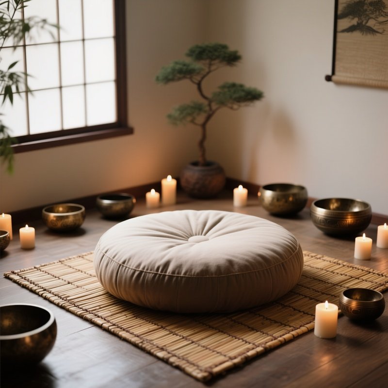 A Large, Round Meditation Cushion Placed On A Bamboo Mat In A Zen Corner Of A Room, Surrounded By Candles And Singing Bowls.