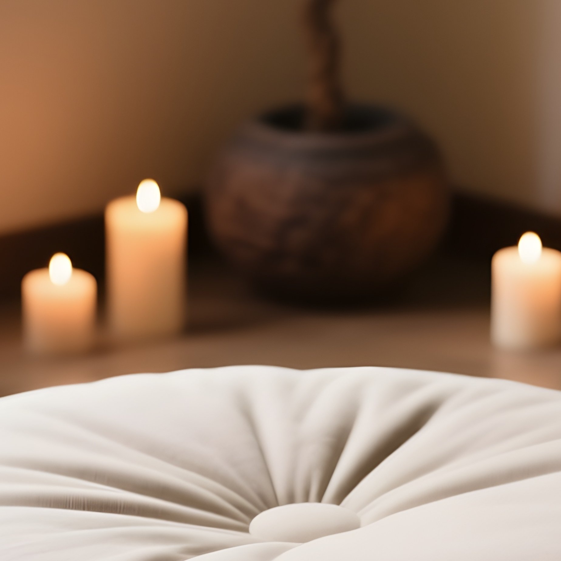 A Large, Round Meditation Cushion Placed On A Bamboo Mat In A Zen Corner Of A Room, Surrounded By Candles And Singing Bowls. - Full Resolution Quality Preview