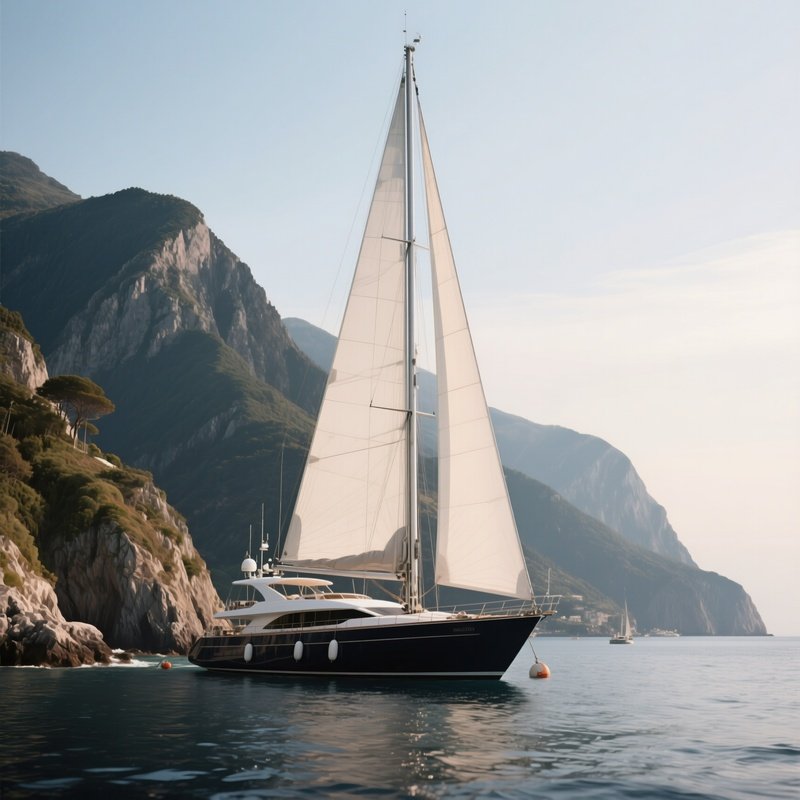 A Large Sailing Yacht Anchored Beside A Mountainous Coastline