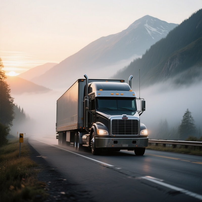 A Large Semi Truck Driving Along A Foggy Mountain Highway At Sunrise