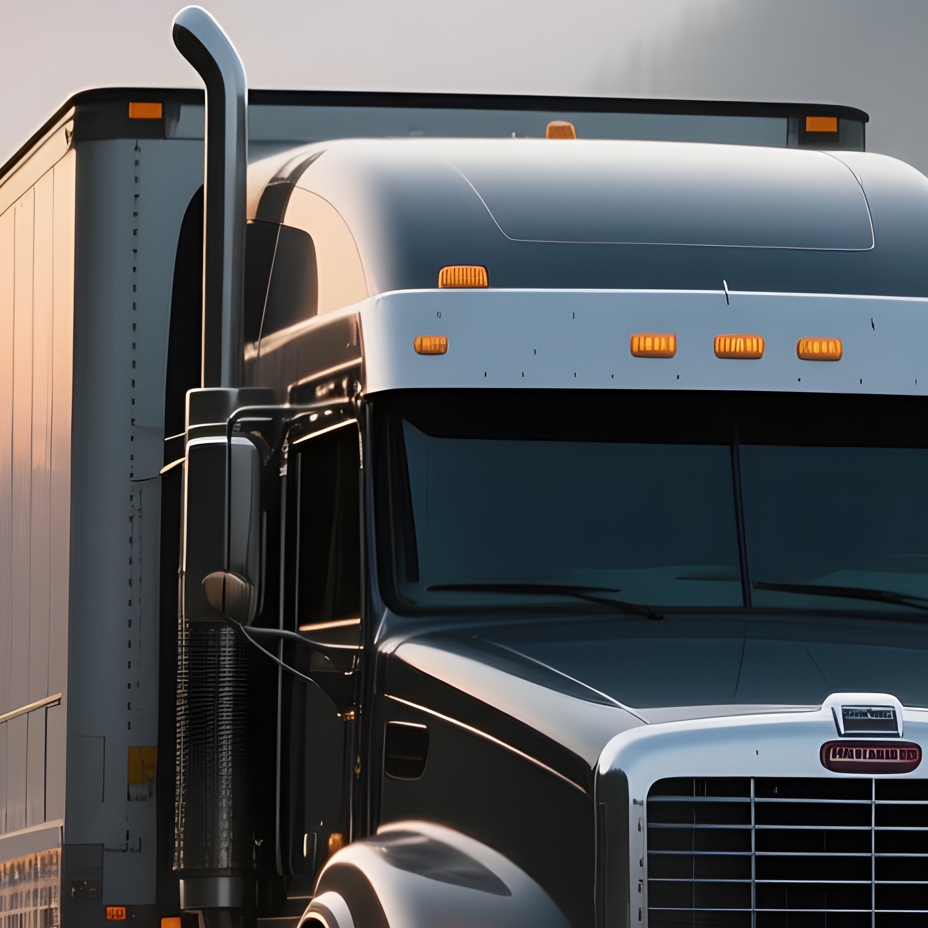 A Large Semi Truck Driving Along A Foggy Mountain Highway At Sunrise - Full Resolution Quality Preview