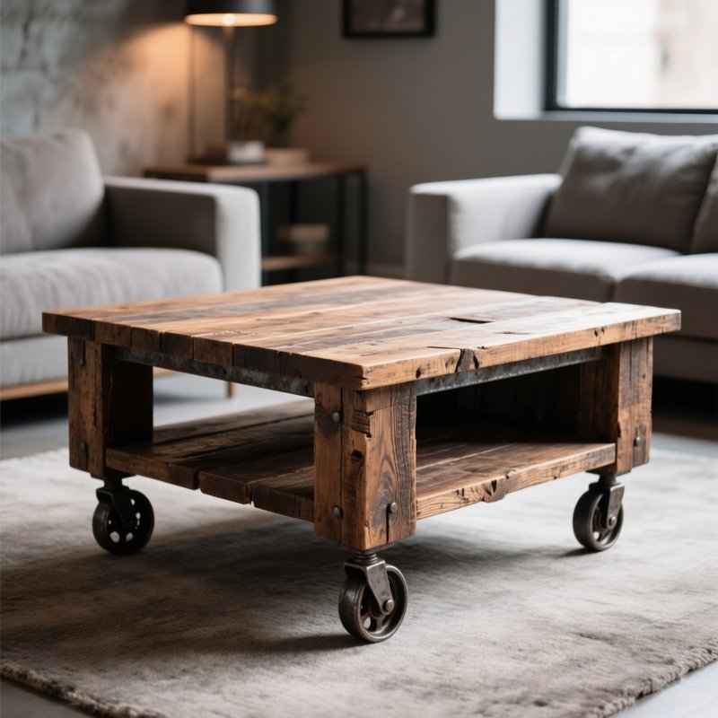 A Large Square Coffee Table Made Of Reclaimed Wood With Industrial Caster Wheels
