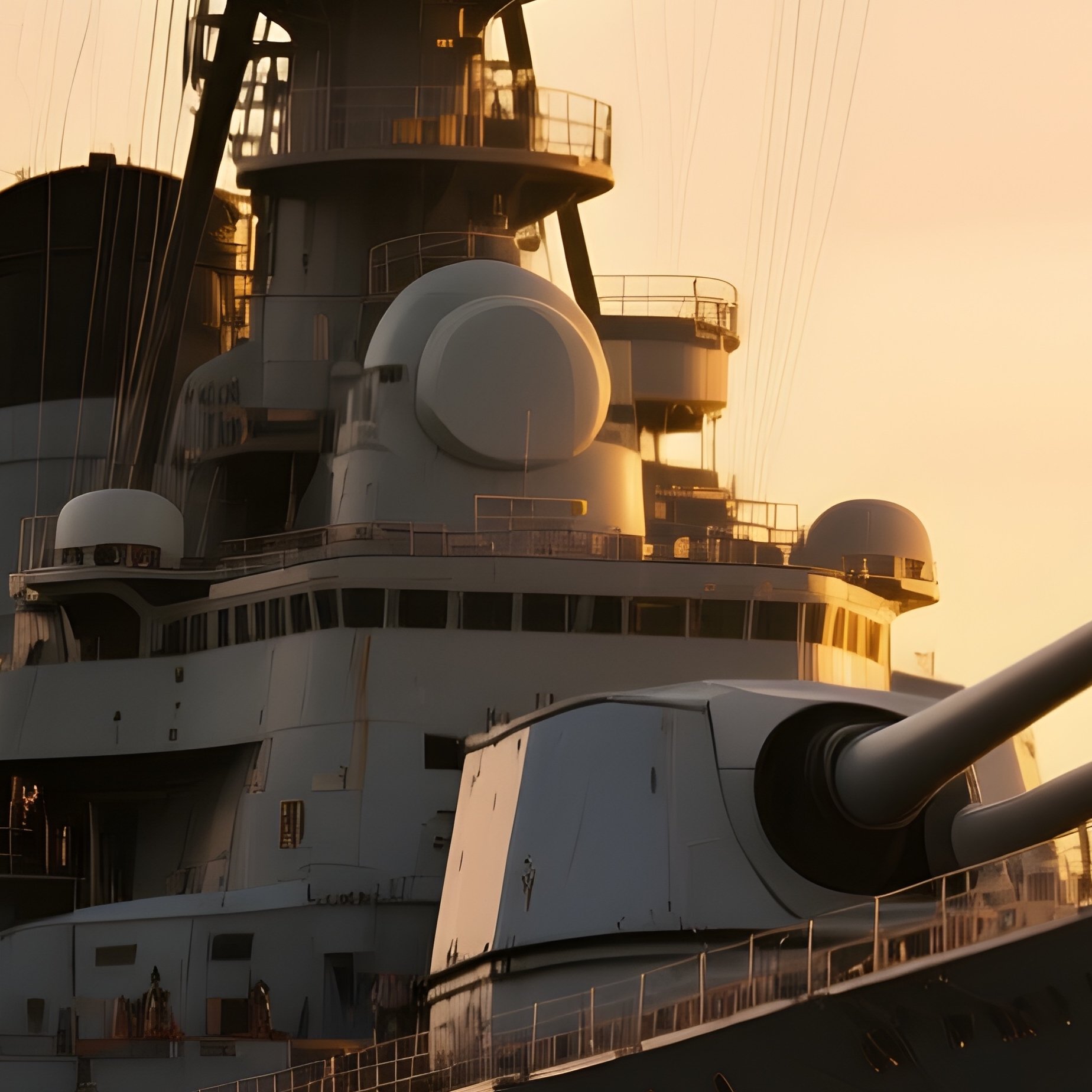 A Large Warship Anchored Offshore In Golden Evening Light - Full Resolution Quality Preview
