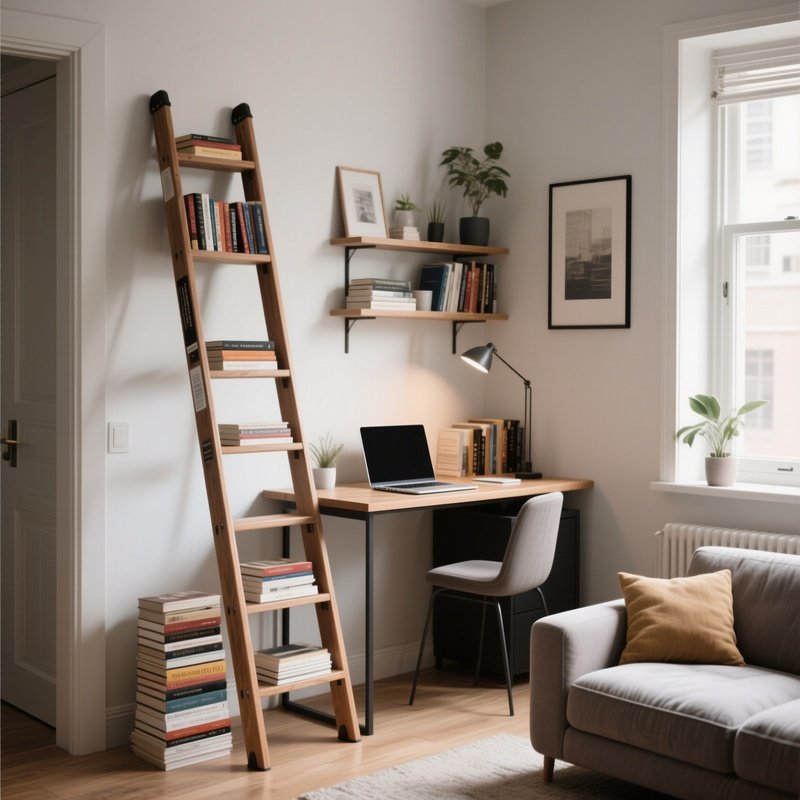 A Leaning Ladder Desk Styled With Books And A Laptop, Perfect For A Small Apartment Living Room Corner Where Space Is At A Premium.