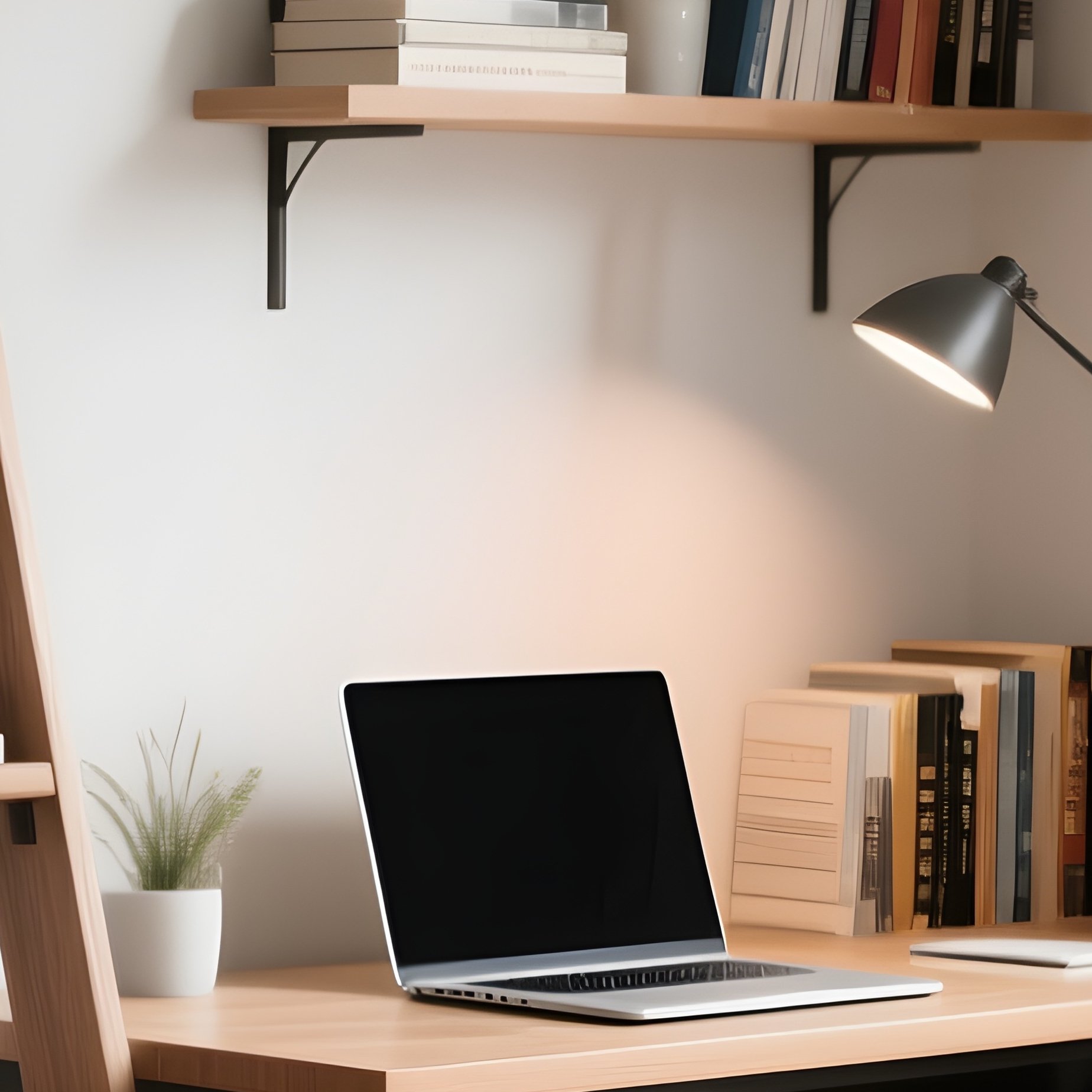 A Leaning Ladder Desk Styled With Books And A Laptop, Perfect For A Small Apartment Living Room Corner Where Space Is At A Premium. - Full Resolution Quality Preview