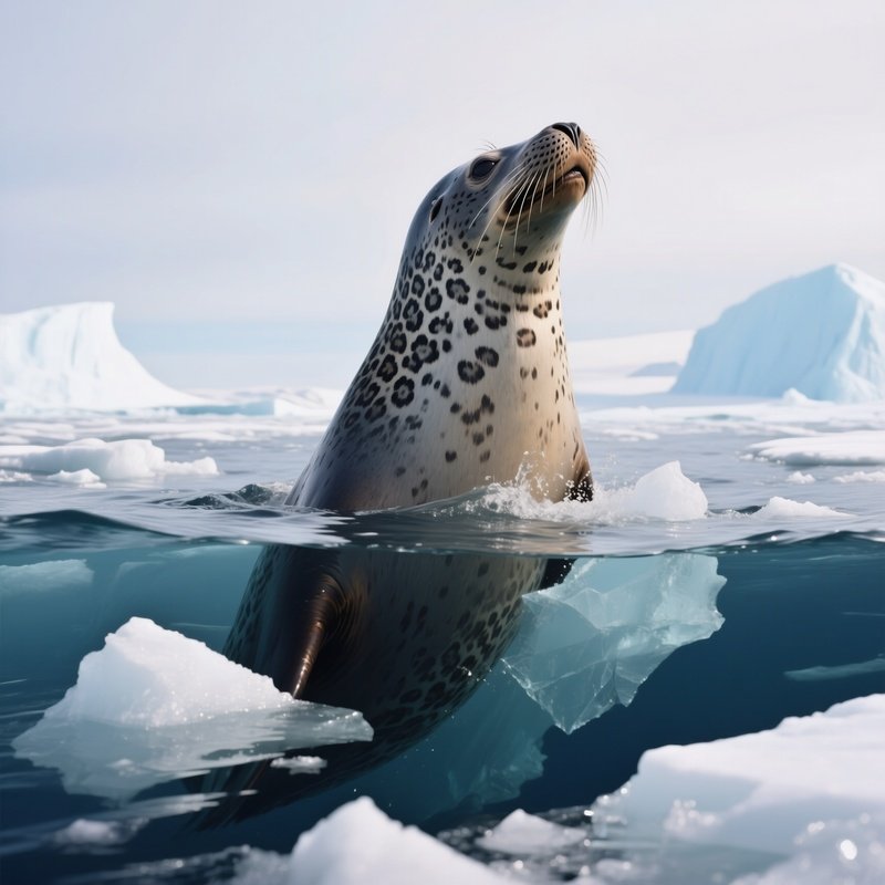 A Leopard Seal Rising Beneath Drifting Ice Shards In Antarctic Waters.